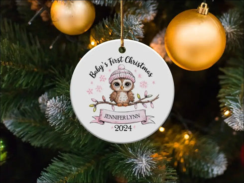 Round Christmas ornament featuring Southern Sass Custom design for baby’s first holiday