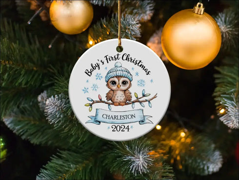 Round Christmas ornament featuring an owl for a personalized baby’s first Christmas