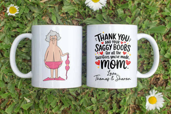 Two white mugs with humorous designs for the Funny Mom Mug Mother’s Day gift