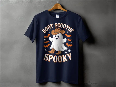 Navy blue t-shirt featuring Boot Scootin Spooky Ghost with Cowboy Boots Halloween graphic