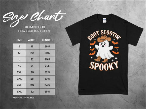 Black T-shirt size chart for Boot Scootin Spooky Ghost with Cowboy Boots Halloween shirt