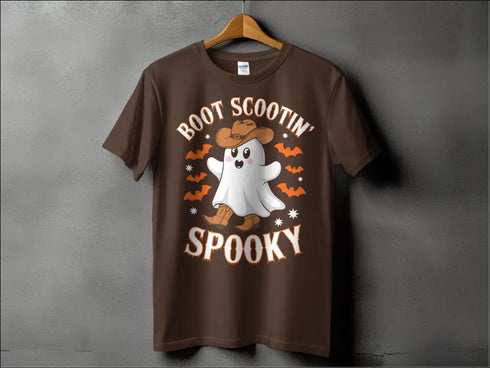 Brown T-shirt featuring Boot Scootin Spooky Ghost graphic with cowboy boots for Halloween