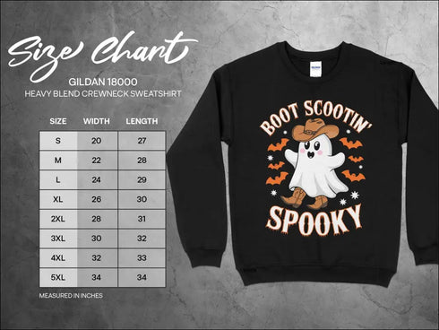 Black sweatshirt featuring Boot Scootin Spooky ghost design and size chart