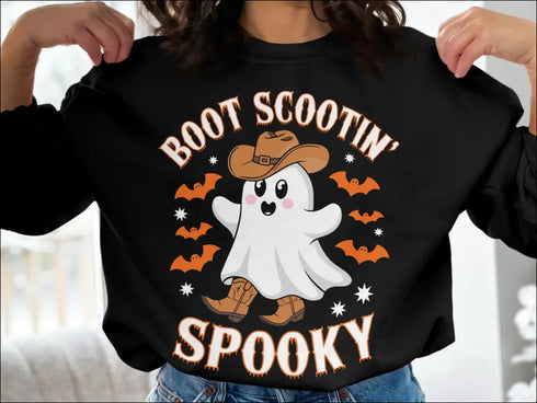 Black Halloween sweatshirt featuring Boot Scootin Spooky Ghost with Cowboy Boots design