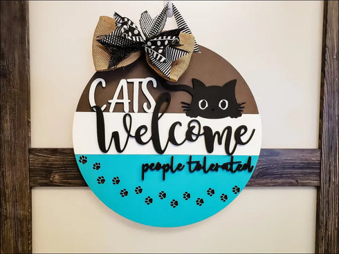 Round cat welcome sign for cute cat themed door hanger and cat themed home decor