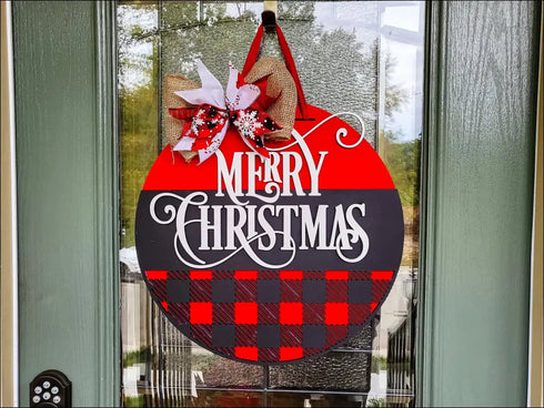 Round Christmas Buffalo Plaid Door Hanger, hand-painted and durable holiday decor