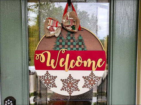 Festive welcome door hanger with Classic Navy Seersucker Romper and Handmade Wooden Santa