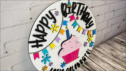 Colorful Wooden Happy Birthday Sign with Cupcake - Hand Painted Door Hanger Decoration