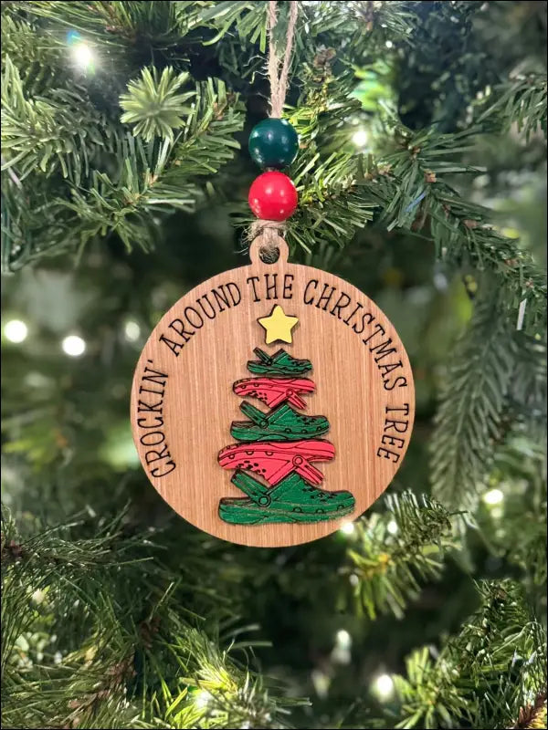 Christmas tree ornament featuring handmade wooden Crocs for unique holiday decor