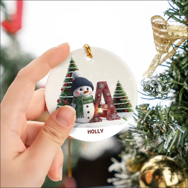 Personalized Ceramic Ornament with Snowman and Initial A