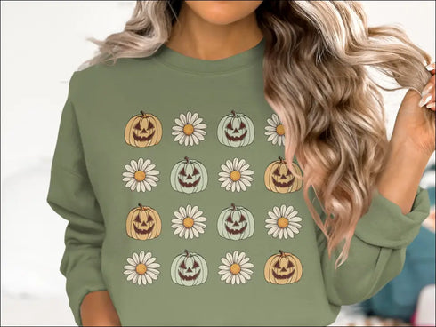 Olive green daisy long sleeve sweatshirt with pumpkin pattern for fall and Halloween