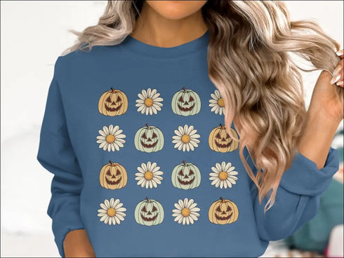 Blue daisy long sleeve sweatshirt with pumpkin pattern for fall and Halloween