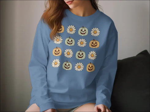 Blue Daisy Long Sleeve T-Shirt with Pumpkin Pattern for Fall and Halloween Fashion