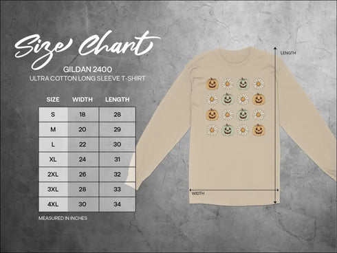 Beige Daisy Long Sleeve Shirt with Pumpkin Pattern and Size Chart for Fall Fashion