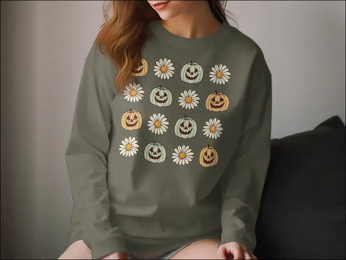 Olive green daisy long sleeve sweatshirt with pumpkin pattern for autumn style