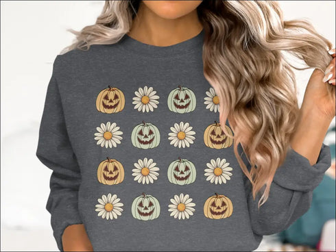 Gray Daisy Long Sleeve T-Shirt with Pumpkin Pattern for Fall Halloween Fashion