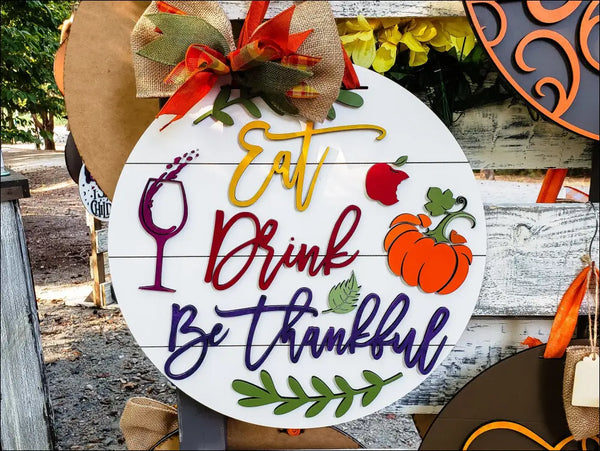 Thankful Fall Door Hanger, Rustic Autumn Decor Round Wood Sign for Thanksgiving