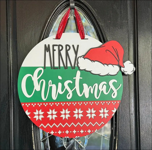 Elegant Merry Christmas Door Hanger featuring Santa Hat Sweater for holiday decor