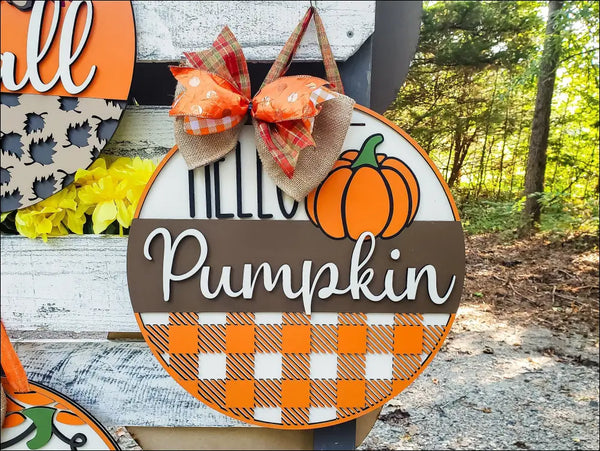 Round Fall Hello Pumpkin Wood Door Hanger for Autumn and Thanksgiving Decor