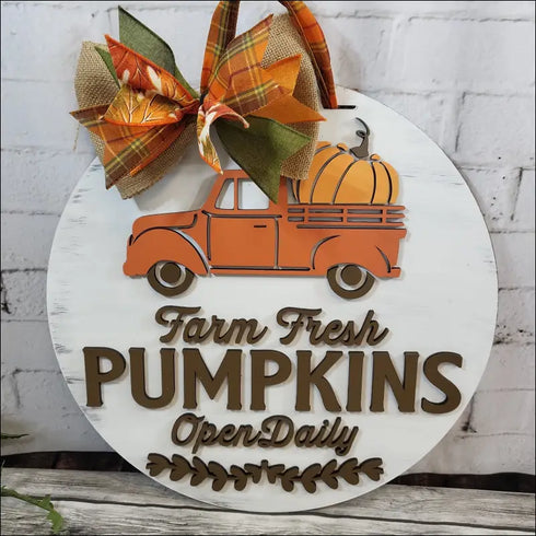 Fall decoration rustic wooden door hanger with Farmhouse Pumpkin and pickup truck design