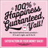 Pink advertisement for happiness guarantee on a Handmade Wooden Christmas Ornament