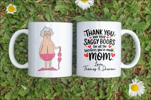 Two white mugs with humorous designs for the Funny Mom Mug Mother’s Day gift