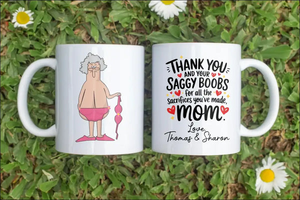 Two white mugs with humorous designs for the Funny Mom Mug Mother’s Day gift