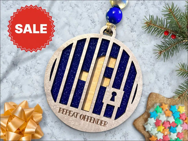 Round wooden Funny Repeat Offender Ornament with jail bars for unique Christmas gifts