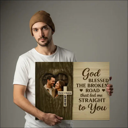 God Blessed canvas print of heart tree plaque with engraved names and date