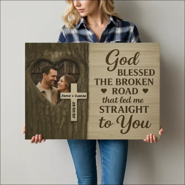 Personalized wooden-style canvas print for couples, God Blessed The Broken Road design