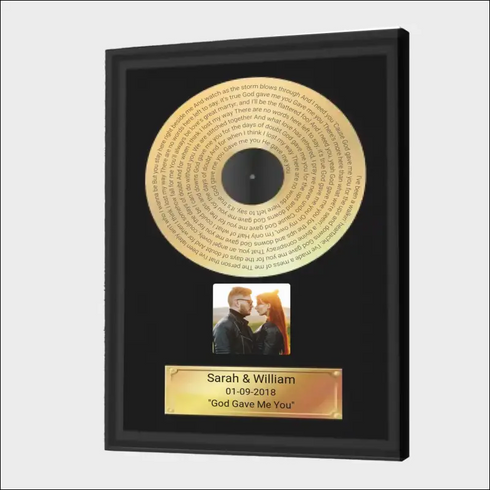 Gold Record Canvas For Couples: Black-framed personalized plaque with engraved lyrics