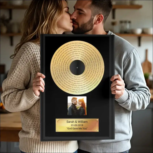Personalized gold record canvas print for couples with engraved lyrics and photo
