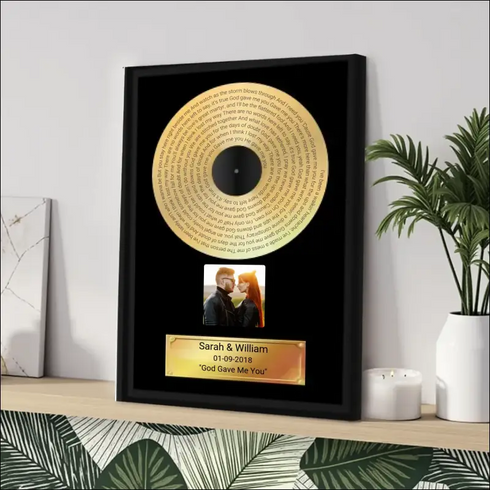 Gold-Plated Vinyl Record Canvas Print for Couples with Engraved Lyrics