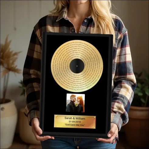 Gold Record Canvas Print for Couples with Engraved Lyrics
