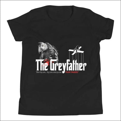 Black t-shirt featuring The Greyfather design, perfect cute African Grey shirt gift