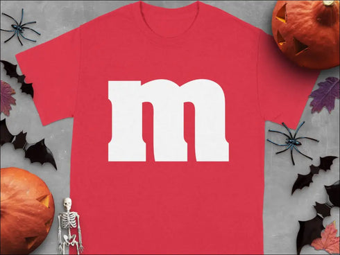 Red t-shirt with white m for Group Halloween T-Shirts Candy Character Theme for Teachers Nurses