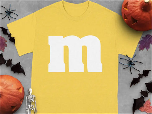 Yellow t-shirt with white M for Group Halloween T-Shirts Candy Character Theme