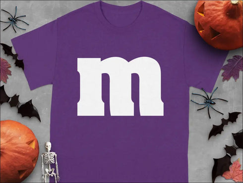 Purple t-shirt with white M for Group Halloween T-Shirts candy character theme for teachers nurses