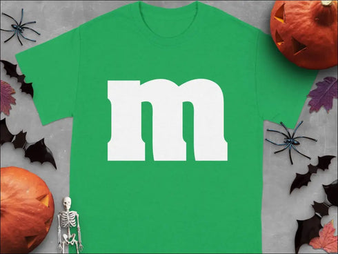 Green T-shirt with white M for Group Halloween T-Shirts candy character theme
