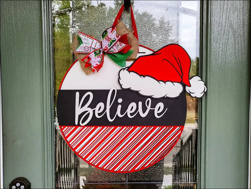 Hand-Painted Candy Cane Believe Door Hanger for Festive Christmas Home Decor