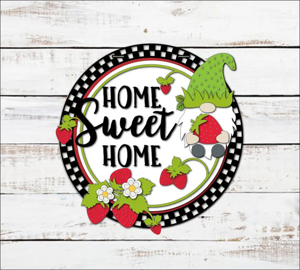 Hand painted door hanger sign home featuring whimsical strawberry gnome decor