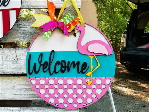 Hand painted door hanger with flamingo design and colorful bow for summer decor