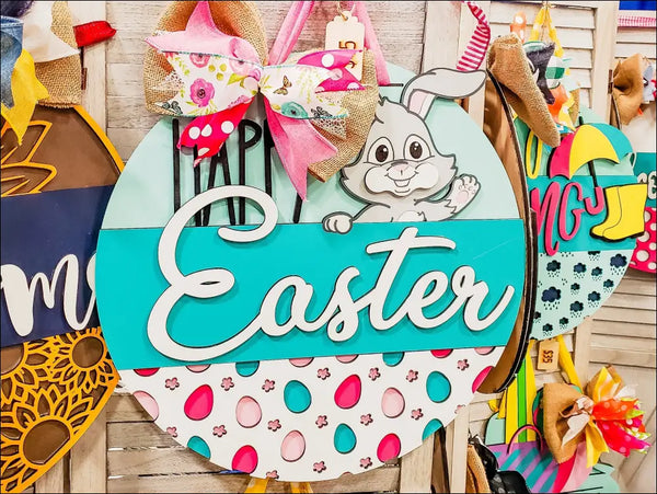 Hand Painted Easter Door Hanger featuring a colorful Easter Bunny Sign for spring decor
