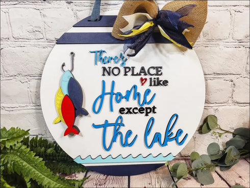 Round lake-themed door hanger sign for rustic lake house decor, hand painted design