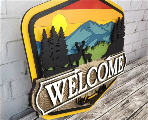 Hand painted rustic welcome sign featuring a mountain scene for handcrafted door decor