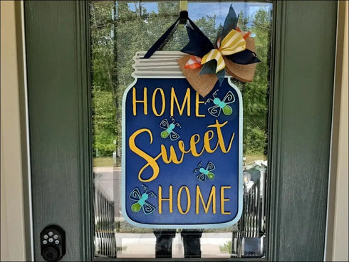 Hand painted wooden sign featuring a Mason jar Home Sweet Home door hanger for decor
