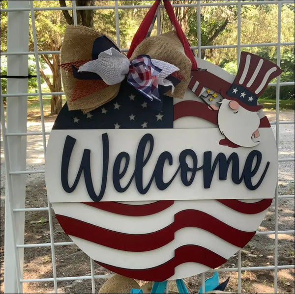Hand painted wooden welcome sign with American flag theme for outdoor home decor