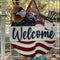 Hand painted wooden welcome sign with American flag theme for outdoor home decor