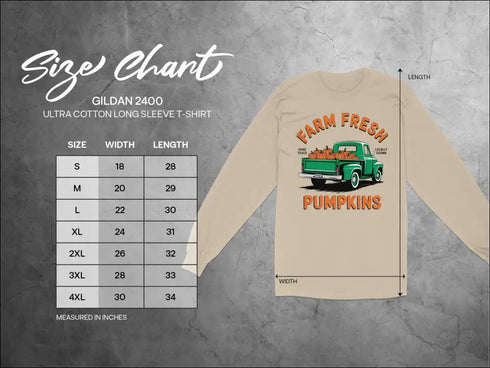 Beige long-sleeve shirt size chart for Hand-Picked Farm Fresh Pumpkins Sweatshirt
