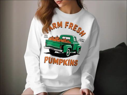 White sweatshirt with green truck and hand-picked farm fresh pumpkins design for fall